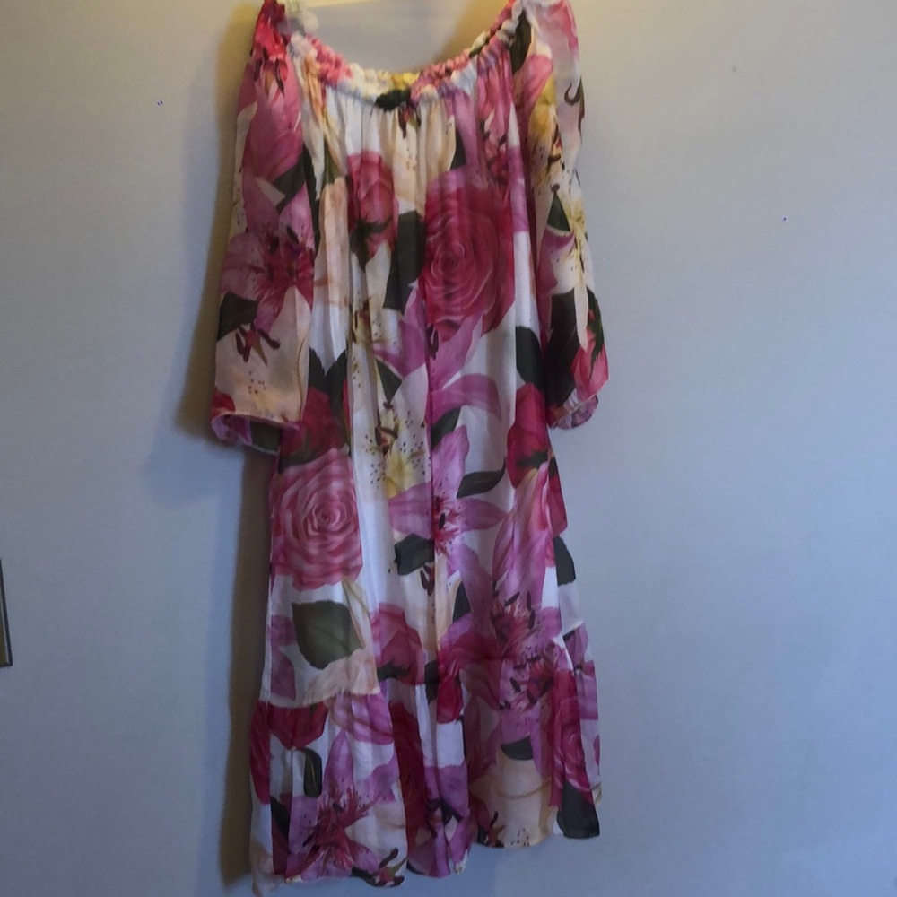 Off-shoulder gauzy, silk blend dress.